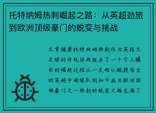 托特纳姆热刺崛起之路：从英超劲旅到欧洲顶级豪门的蜕变与挑战