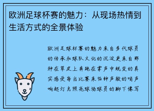欧洲足球杯赛的魅力：从现场热情到生活方式的全景体验