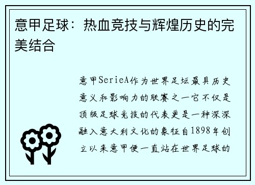 意甲足球：热血竞技与辉煌历史的完美结合