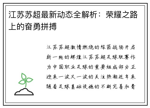 江苏苏超最新动态全解析：荣耀之路上的奋勇拼搏