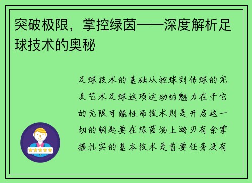 突破极限，掌控绿茵——深度解析足球技术的奥秘